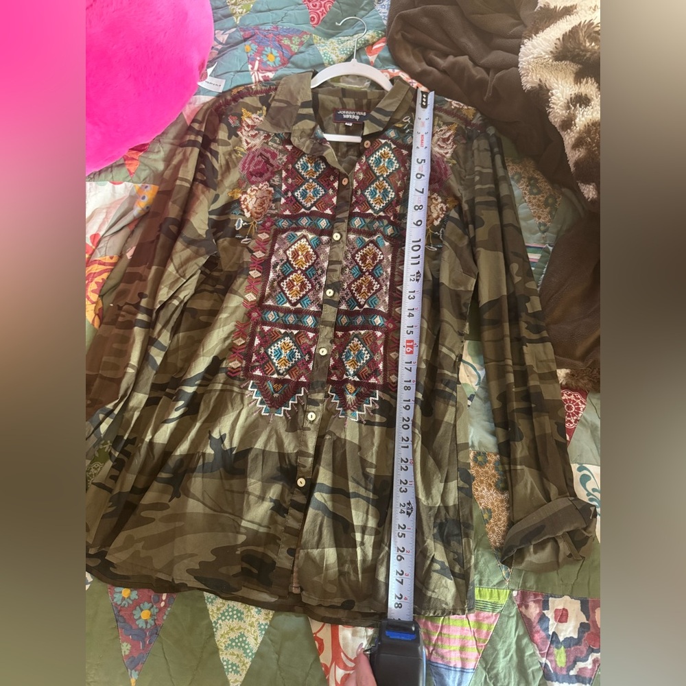 Camouflage Button-Up  Johnny Was Shirt with Embroidered Design